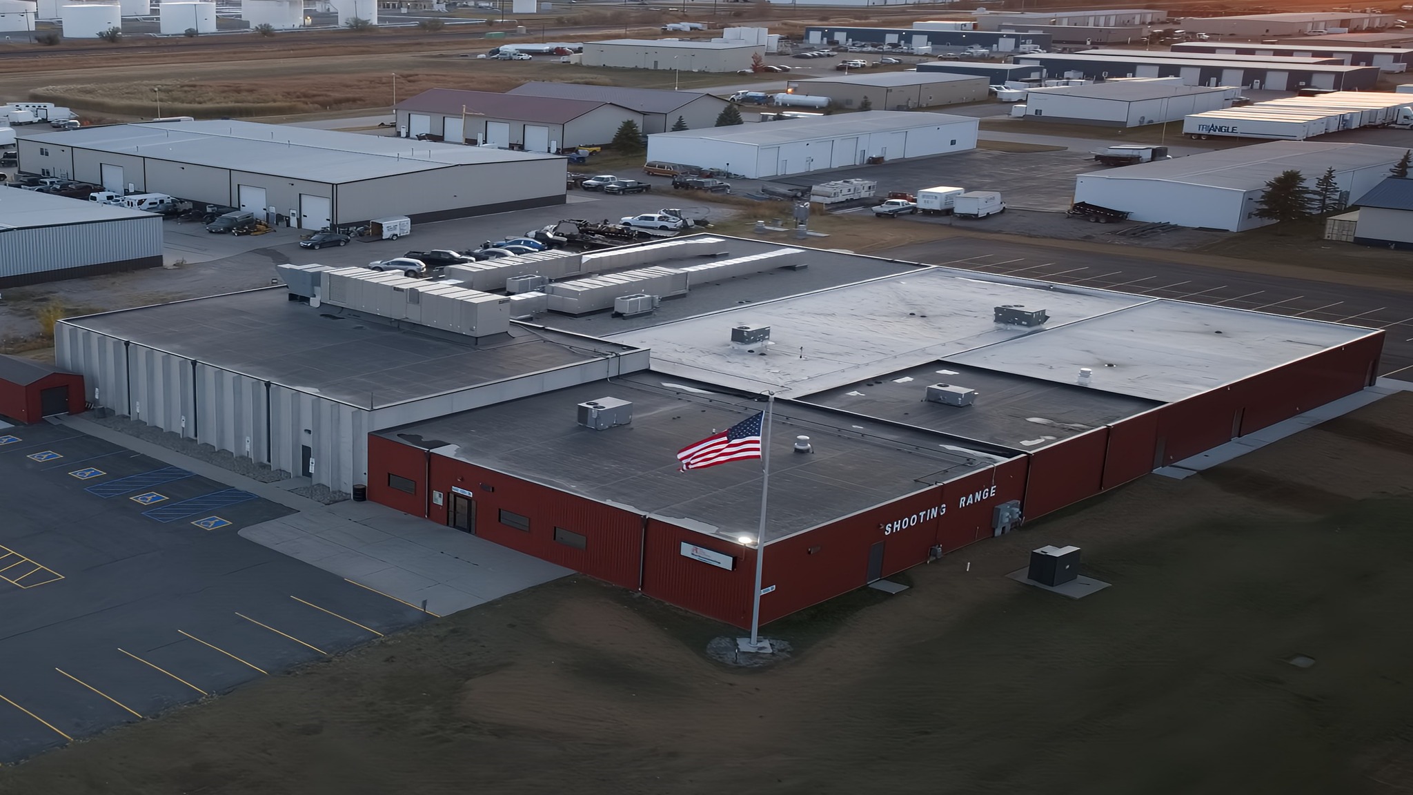 Aerial view of the Red River Range building and parking lot