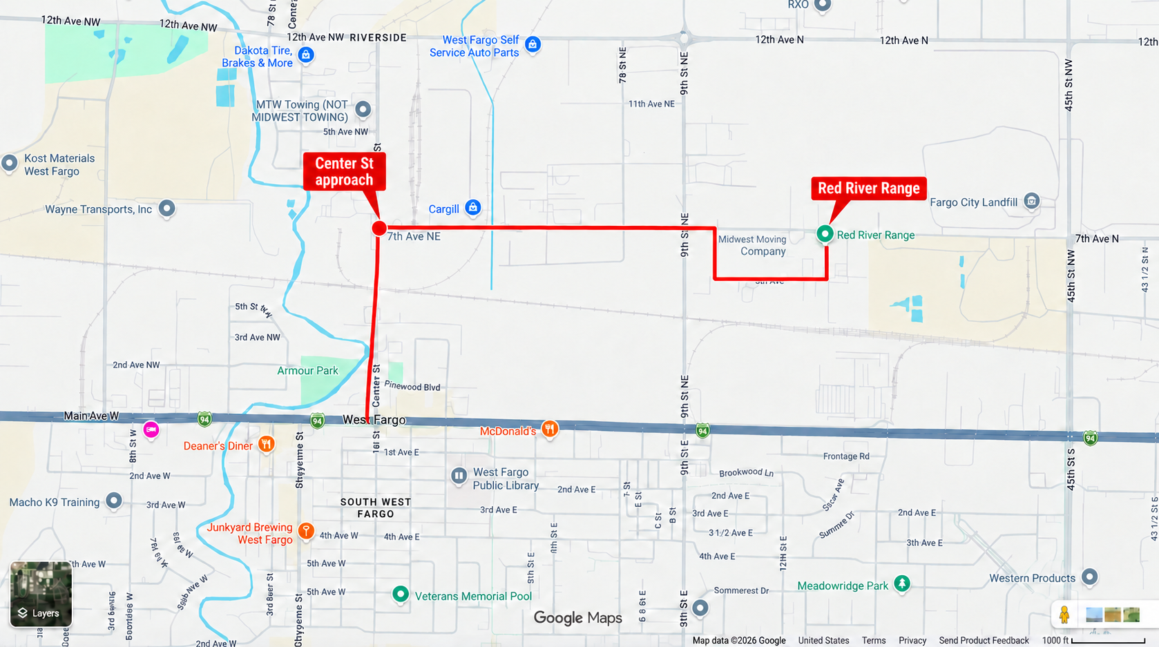 Annotated map showing a possible route north on Center Street, east on 7th Avenue NE, then south behind the range before reaching Red River Range