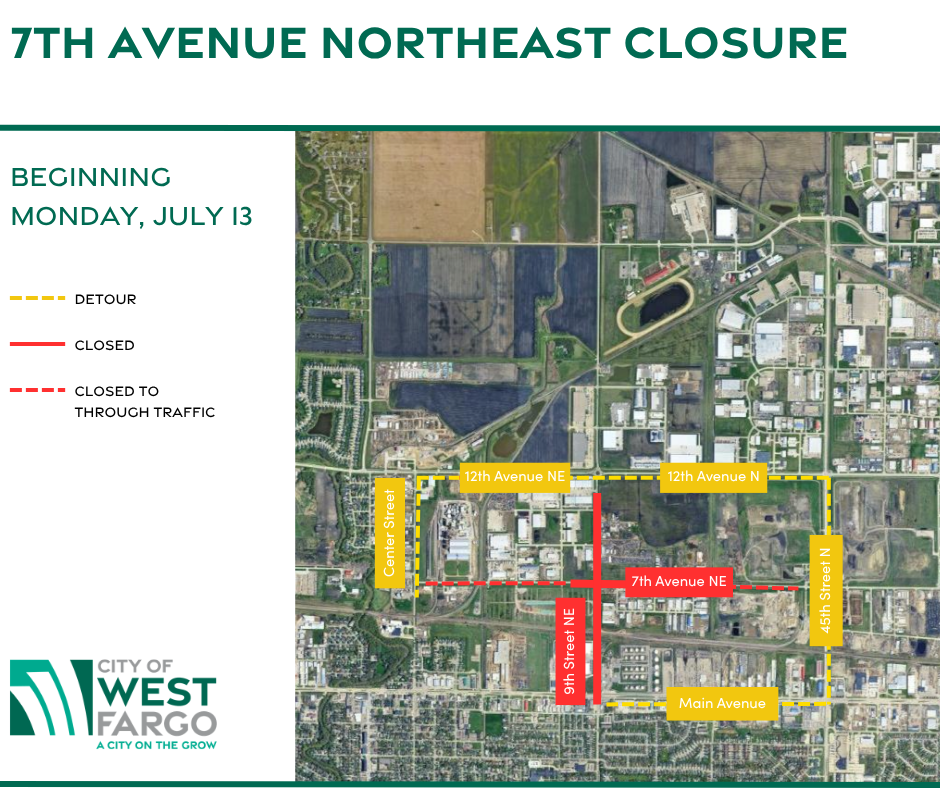 City of West Fargo closure map for 7th Avenue Northeast and 9th Street Northeast construction near Red River Range